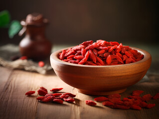 Dried red goji berries in a wooden bowl isolated on wooden table, dark background 