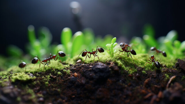 a very zoomed out picture of a lot of ants carrying a small green leaf created with Generative Ai
