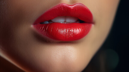 beautiful female natural lips and white teeth. Beautiful red lipstick. Close-up .