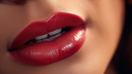 beautiful female natural lips and white teeth. Beautiful red lipstick. Close-up .