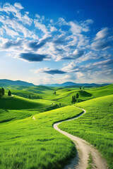 Panoramic spring landscape - picturesque winding path through a green grass field in hilly landscape with blue sky - 676534001