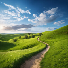 Panoramic spring landscape - picturesque winding path through a green grass field in hilly landscape with blue sky