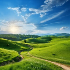 Fototapeta na wymiar Panoramic spring landscape - picturesque winding path through a green grass field in hilly landscape with blue sky