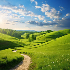 Fototapeta premium Panoramic spring landscape - picturesque winding path through a green grass field in hilly landscape with blue sky