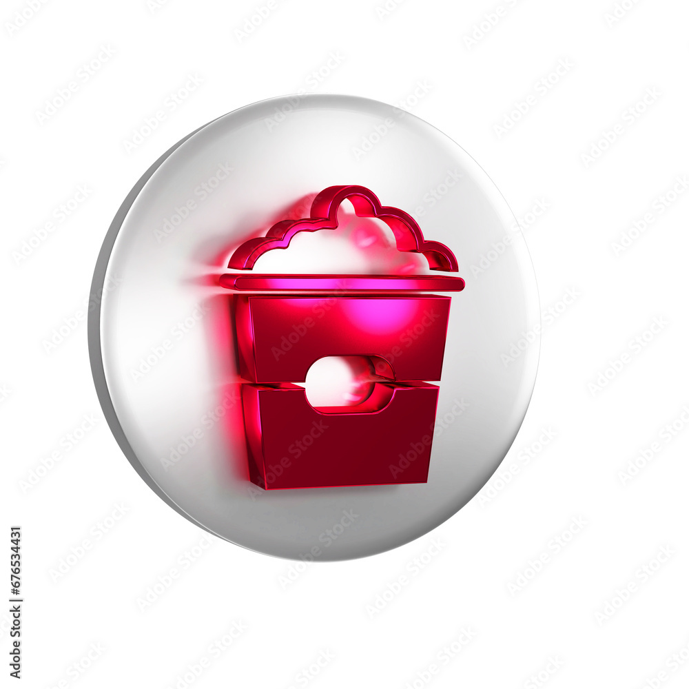 Poster red popcorn in cardboard box icon isolated on transparent background. popcorn bucket box. silver cir