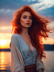 red-haired girl on the shore of the lake at sunset