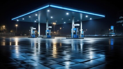 Empty modern gas station in night large copyspace area - obrazy, fototapety, plakaty