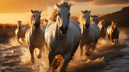 Horses walking on water.