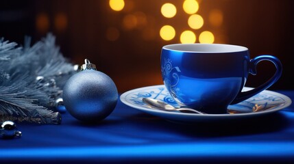 Obraz na płótnie Canvas On the table lies a blue coffee cup, accompanied by a Christmas ornament