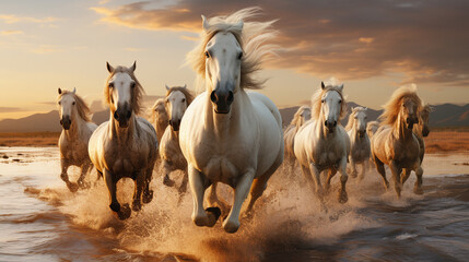Horses walking on water.