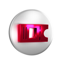 Red Cinema ticket icon isolated on transparent background. Silver circle button.