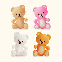 Obraz na płótnie Canvas 3d Different Color Cute Teddy Bear Toy Set Cartoon Style Symbol of Romance and Childhood. Vector illustration of Baby Bear Doll Character