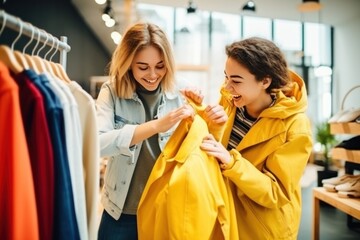Fototapeta na wymiar Smiling attractive young women in yellow hoodie shopping