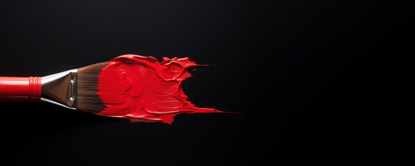 A red paintbrush dipped in paint against a dark black background