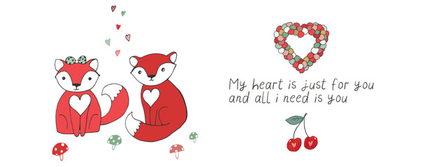 Fototapeta premium Valentine's day foxes vector illustrations set.