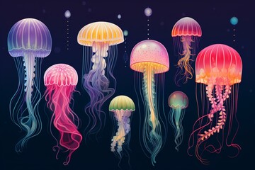 Illustration of various jellyfish in the ocean. Generative AI - obrazy, fototapety, plakaty