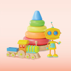 3d Kid Toy Concept Cartoon Style Include of Robot, Wooden Train and Pyramid with Colorful Rings. Vector illustration