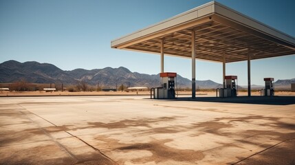 Empty modern gas station in USA desert large copyspace