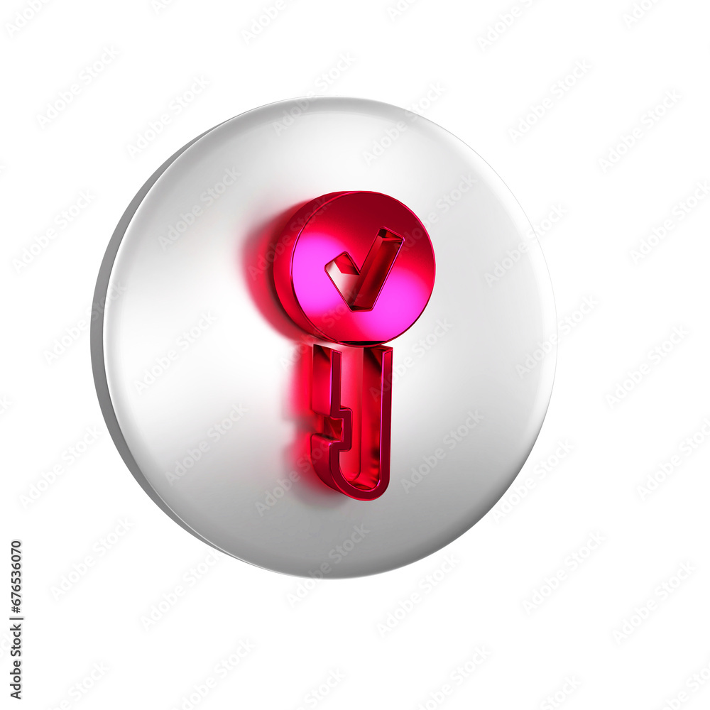 Poster red key icon isolated on transparent background. silver circle button.