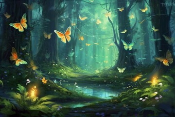 Enchanting forest with dancing butterflies. Generative AI