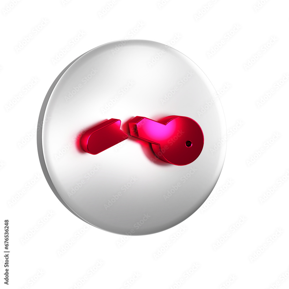 Poster red broken key icon isolated on transparent background. silver circle button.