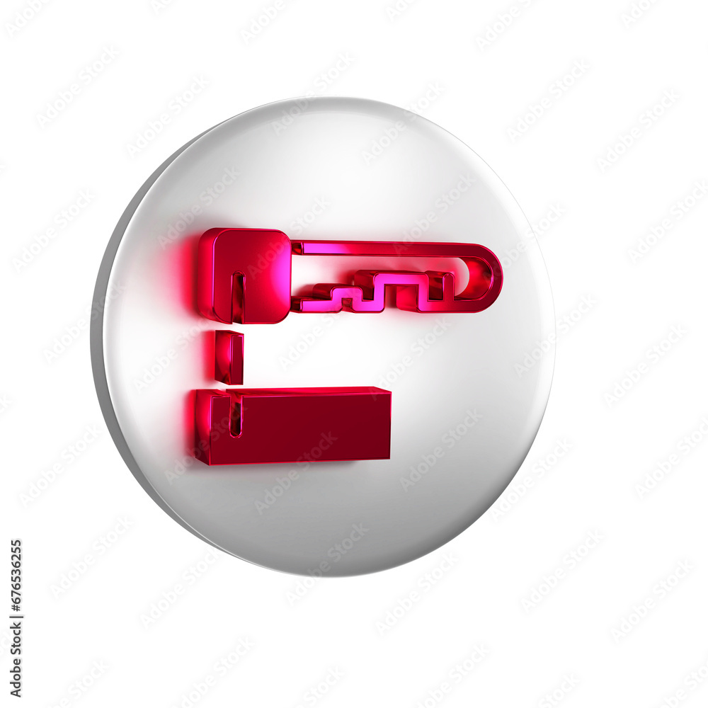 Poster red marked key icon isolated on transparent background. silver circle button.