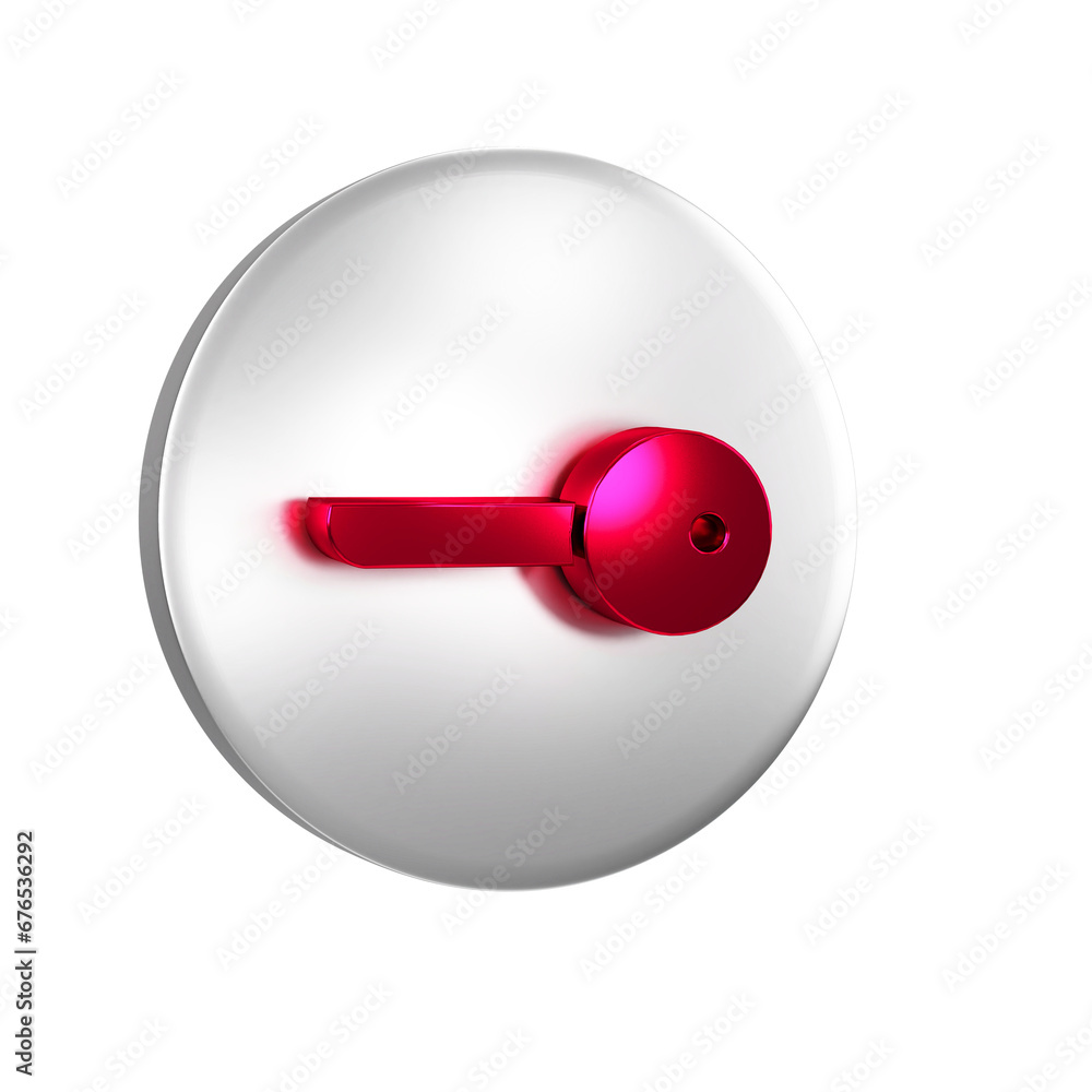 Poster red key icon isolated on transparent background. silver circle button.