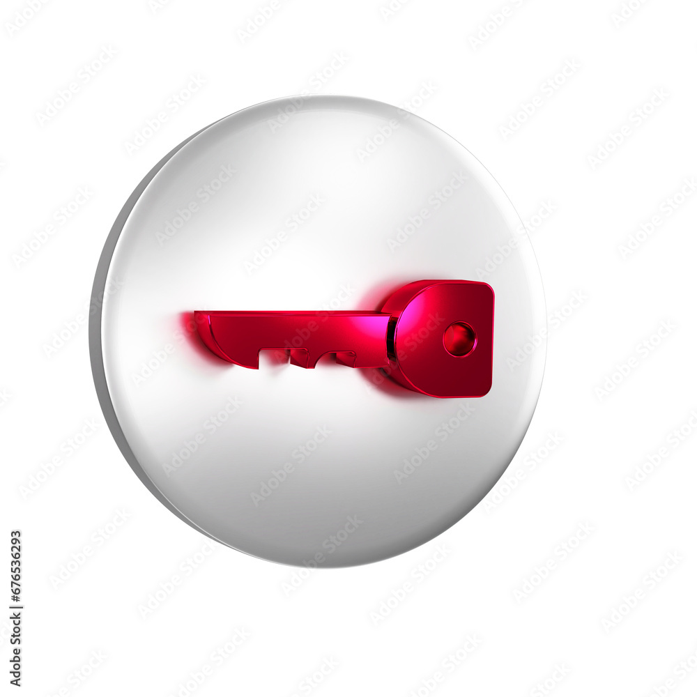 Poster red key icon isolated on transparent background. silver circle button.