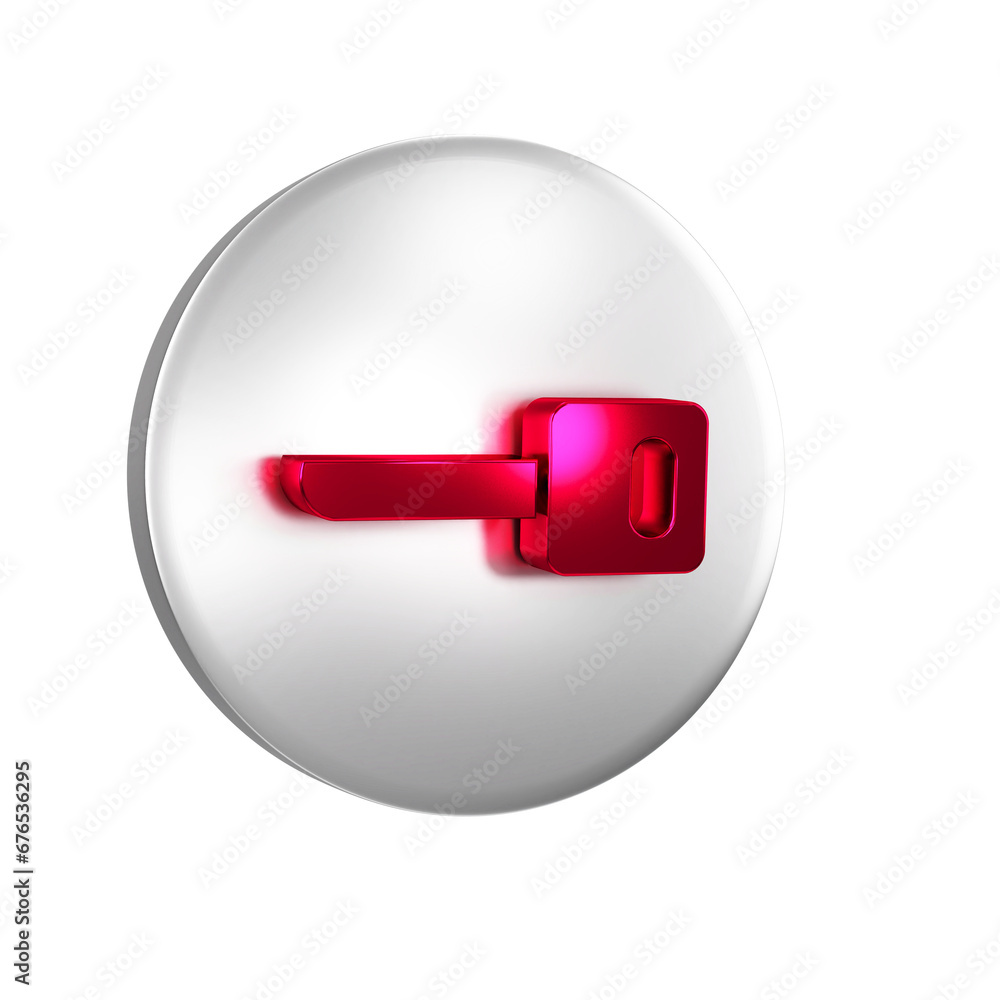 Poster red key icon isolated on transparent background. silver circle button.