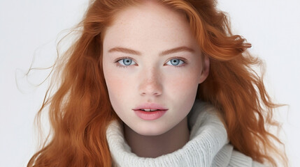 Naklejka premium Young red-haired woman with perfect smooth skin isolated over white background. Concept of natural beauty, plastic surgery, cosmetology, cosmetics, skin care. Closeup portrait. Generative AI