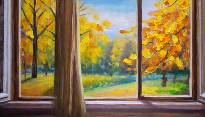 oil painting view from the window to the park with yellow leaves impressionism