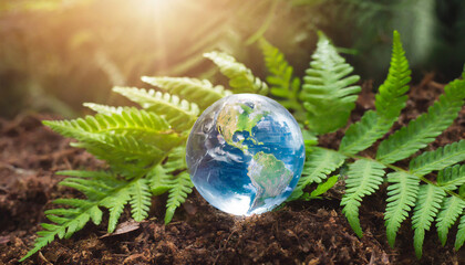 crystal earth on soil in forest with ferns and sunlight environment save clean planet ecology concept earth day banner with copy space - obrazy, fototapety, plakaty