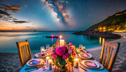 amazing beach dinner setting under milky ways night sky luxury destination dining honeymoon or anniversary dinner flowers and candles for the best romantic experience stunning colorful outdoors
