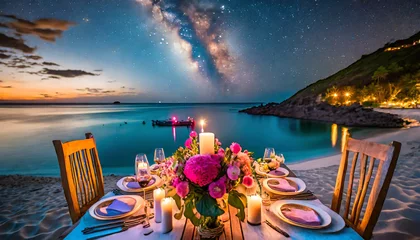 Foto op Canvas amazing beach dinner setting under milky ways night sky luxury destination dining honeymoon or anniversary dinner flowers and candles for the best romantic experience stunning colorful outdoors © Debbie