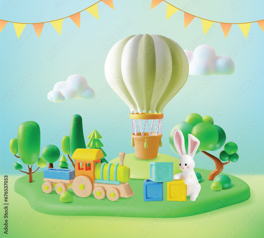 Canvas Prints 3d Kid Toys and Hot Air Balloon on Meadow Concept Cartoon Style for Shop, Game or Education . Vector illustration