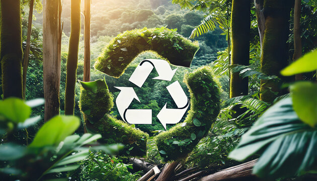reduce reuse recycle symbol in the middle of a beautiful untouched jungle ecological concept an ecological metaphor for ecological waste management and a sustainable and economical lifestyle
