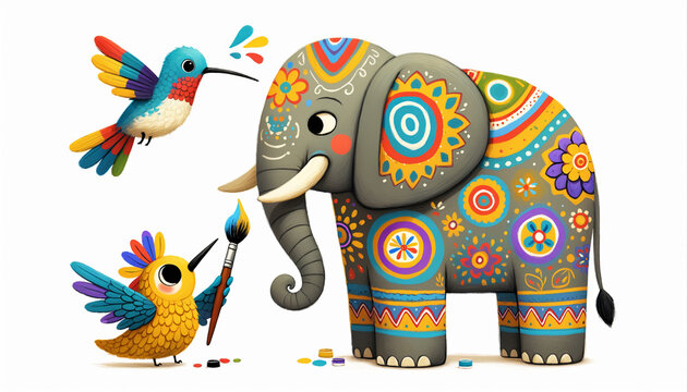 Hummingbird and elephant paint patterns on each other, highlighting joy of creative collaborations among friends.