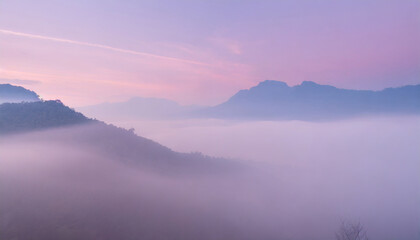 Obraz premium foggy morning light purple pastel gradient dreamy mountain atmosphere pc desktop wallpaper background ai generated