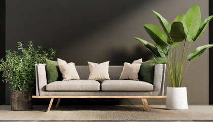 front of view sofa and plant in 3d rendering