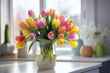 Close-up of lovely floral display. Beautiful flower bouquet in vase, enhancing indoor décor with vibrant tulips. Generative AI