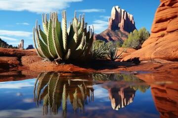Close-up of cactus with background of Cathedral Rock and its reflection at Secret Slickrock, Sedona, Arizona. Generative AI