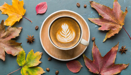 flat lay composition with colorful autumn cup of coffee and leaves on a color background top view