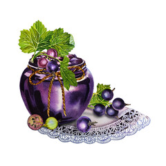 A jar of blackcurrant jam. Watercolor illustration drawn by hand. Isolate. For labels, packaging and banners. For textiles, prints and stickers. For menus, invitation cards.