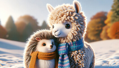 Fluffy alpaca and fuzzy hedgehog share a scarf on a chilly day, emphasizing the essence of friendship between adorable, unlikely furry pairs. - obrazy, fototapety, plakaty