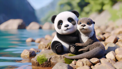Fluffy panda and sleek otter cuddle by a riverbank, portraying friendship between improbable yet endearing furry creatures. - obrazy, fototapety, plakaty