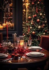 christmas dining table setting in a house with a christmas tree