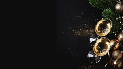 Champagne Glasses and Christmas Decorations on a Festive Dark Background