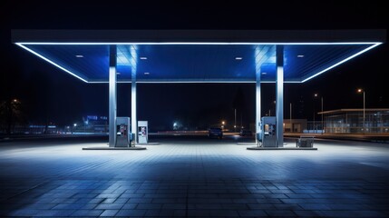 Fototapeta na wymiar Empty modern gas station in night large copyspace area