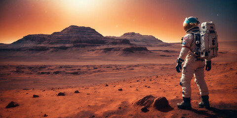 Astronaut standing on surface of the mars, galaxy view, wallpaper.
