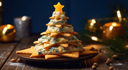 small christmas tree cheese crisp appetizers on a wooden - obrazy, fototapety, plakaty